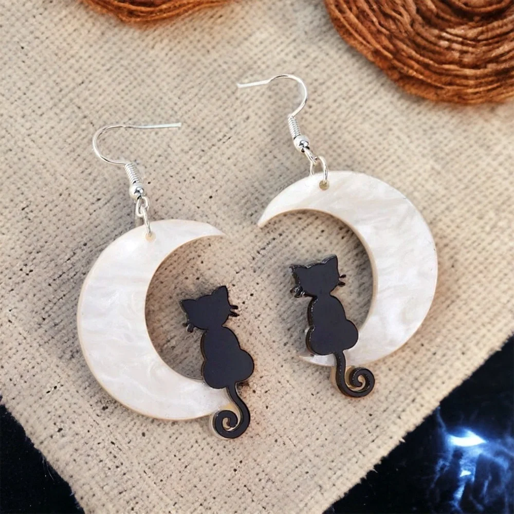 Bewitching Black Cat & Moon Earrings – Enchant Your Halloween Style! NWT Jewelry